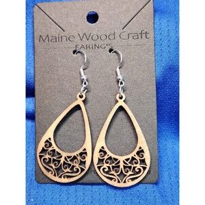 1 Pair Oval Shaped Laser Cut Wooden Dangle Earrings Boho Style.